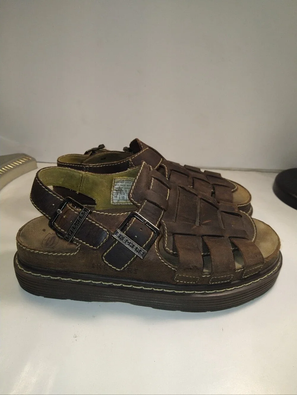 Vintage Skechers Y2K Brown Leather Fisherman Jammers Chunky Sandals Men's sz 11.